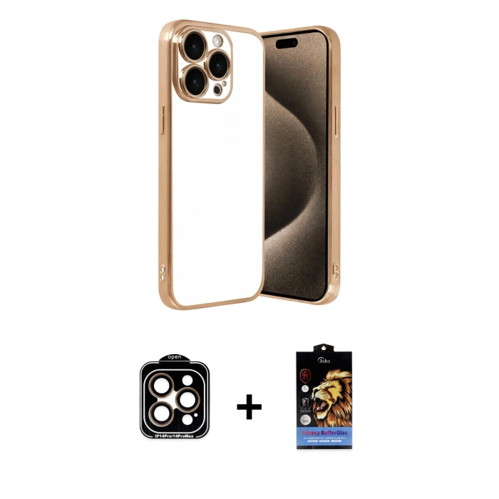 MARSİLYAN™- iPhone 15 Pro Max Kılıf Vadi Minimal - Siyah Buffer Hayalet Cam Ekran Koruyucu + PVD Metal Kamera Lens - TU