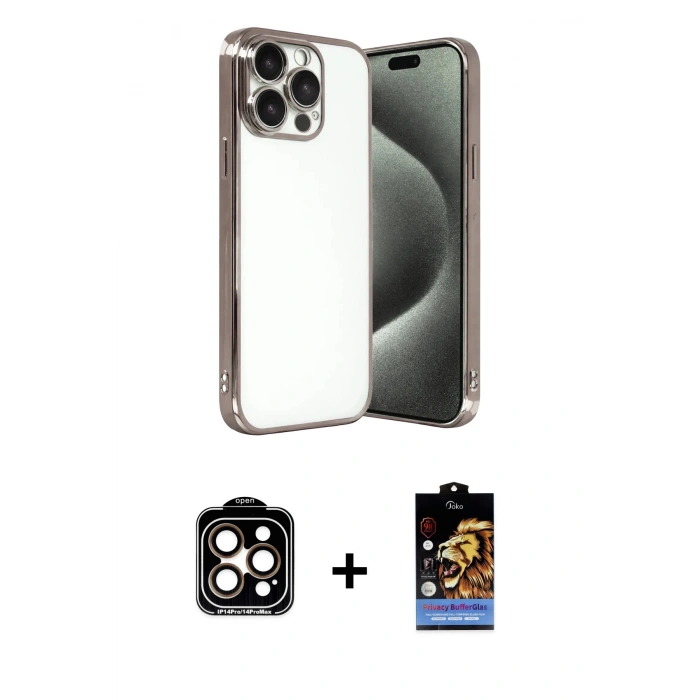 MARSİLYAN™- iPhone 15 Pro Max Kılıf Vadi Minimal - Siyah Buffer Hayalet Cam Ekran Koruyucu + PVD Metal Kamera Lens - TU