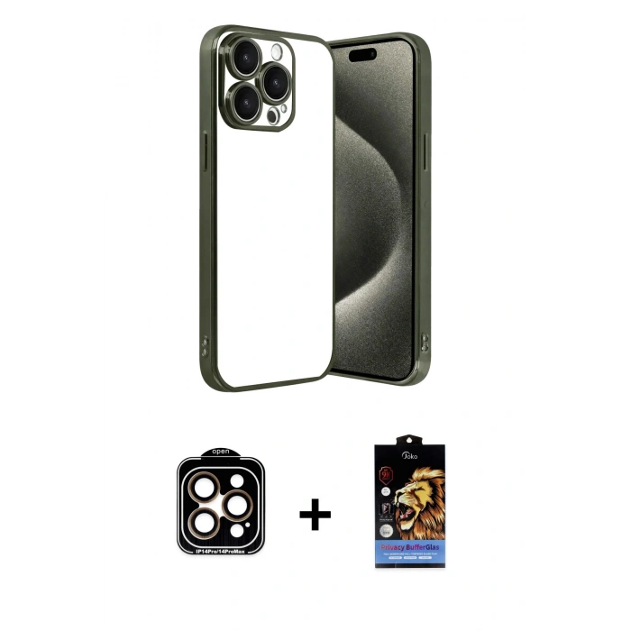 MARSİLYAN™- iPhone 15 Pro Max Kılıf Vadi Minimal - Siyah Buffer Hayalet Cam Ekran Koruyucu + PVD Metal Kamera Lens - TU