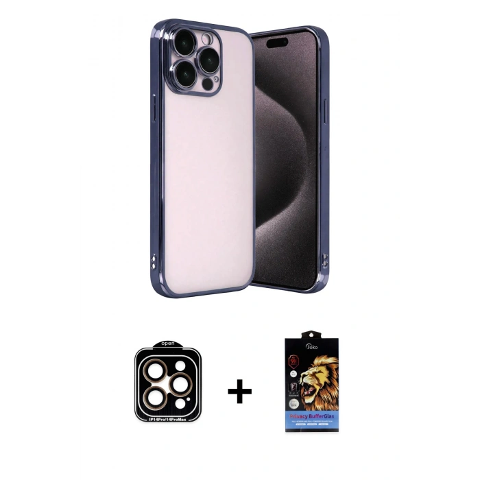 MARSİLYAN™- iPhone 15 Pro Max Kılıf Vadi Minimal - Siyah Buffer Hayalet Cam Ekran Koruyucu + PVD Metal Kamera Lens - TU
