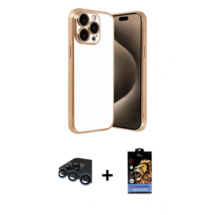 MARSİLYAN™- iPhone 15 Pro Max Kılıf Vadi Minimal - Siyah Buffer Hayalet Cam Ekran Koruyucu + Raze Metal Kamera Lens - LT