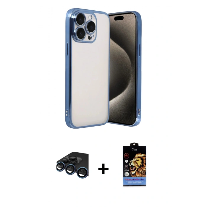 MARSİLYAN™- iPhone 15 Pro Max Kılıf Vadi Minimal - Siyah Buffer Hayalet Cam Ekran Koruyucu + Raze Metal Kamera Lens - LT