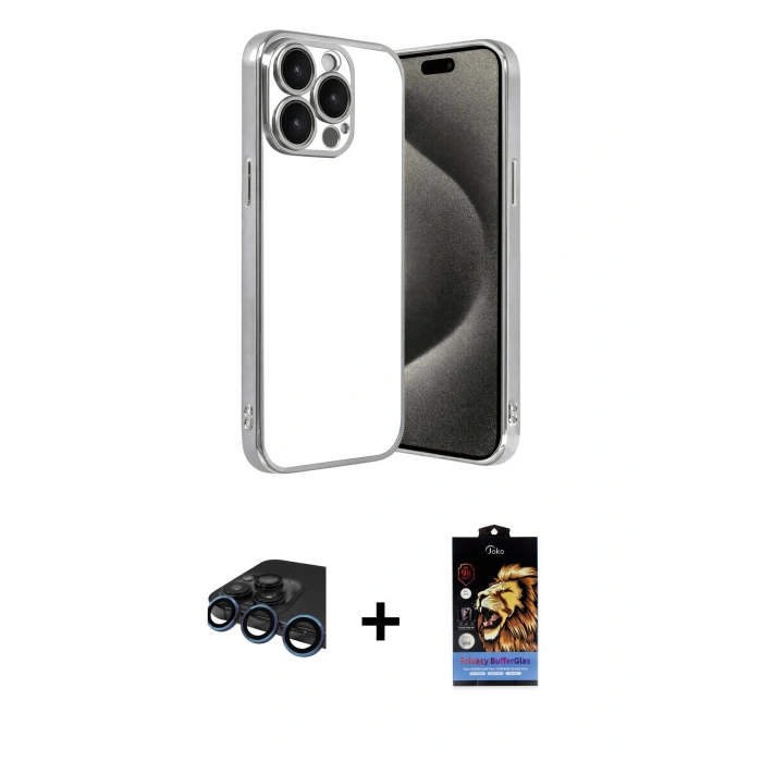 MARSİLYAN™- iPhone 15 Pro Max Kılıf Vadi Minimal - Siyah Buffer Hayalet Cam Ekran Koruyucu + Raze Metal Kamera Lens - LT