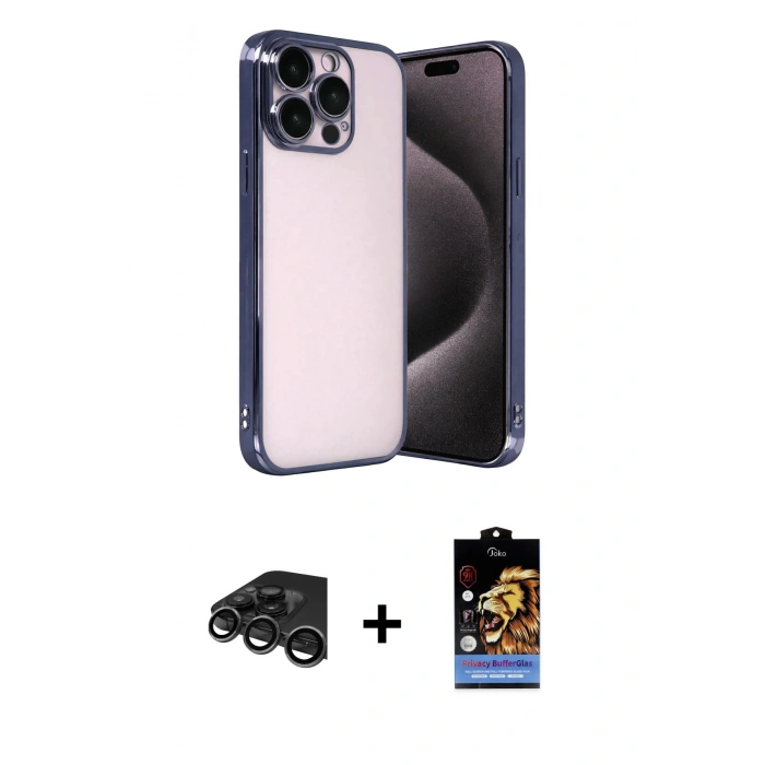 MARSİLYAN™- iPhone 15 Pro Max Kılıf Vadi Minimal - Siyah Buffer Hayalet Cam Ekran Koruyucu + Raze Metal Kamera Lens - TMGI