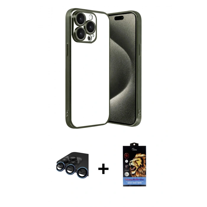MARSİLYAN™- iPhone 15 Pro Max Kılıf Vadi Minimal - Siyah Buffer Hayalet Cam Ekran Koruyucu + Raze Metal Kamera Lens - LT