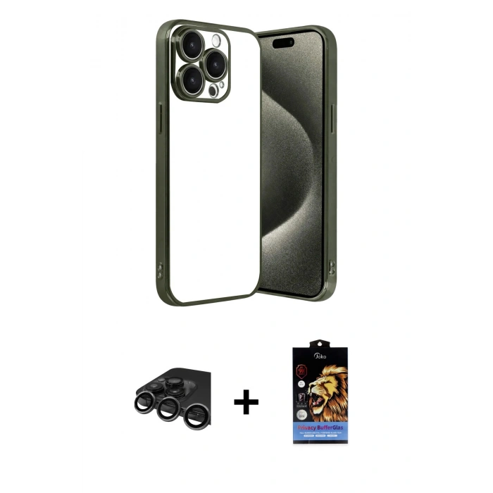 MARSİLYAN™- iPhone 15 Pro Max Kılıf Vadi Minimal - Siyah Buffer Hayalet Cam Ekran Koruyucu + Raze Metal Kamera Lens - TMGI