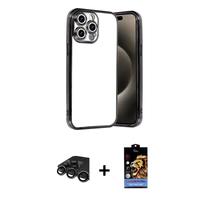 MARSİLYAN™- iPhone 15 Pro Max Kılıf Vadi Minimal - Siyah Buffer Hayalet Cam Ekran Koruyucu + Raze Metal Kamera Lens - TMGI