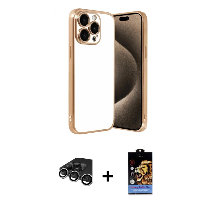 MARSİLYAN™- iPhone 15 Pro Max Kılıf Vadi Minimal - Siyah Buffer Hayalet Cam Ekran Koruyucu + Raze Metal Kamera Lens - GS