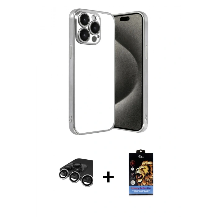 MARSİLYAN™- iPhone 15 Pro Max Kılıf Vadi Minimal - Siyah Buffer Hayalet Cam Ekran Koruyucu + Raze Metal Kamera Lens - GS