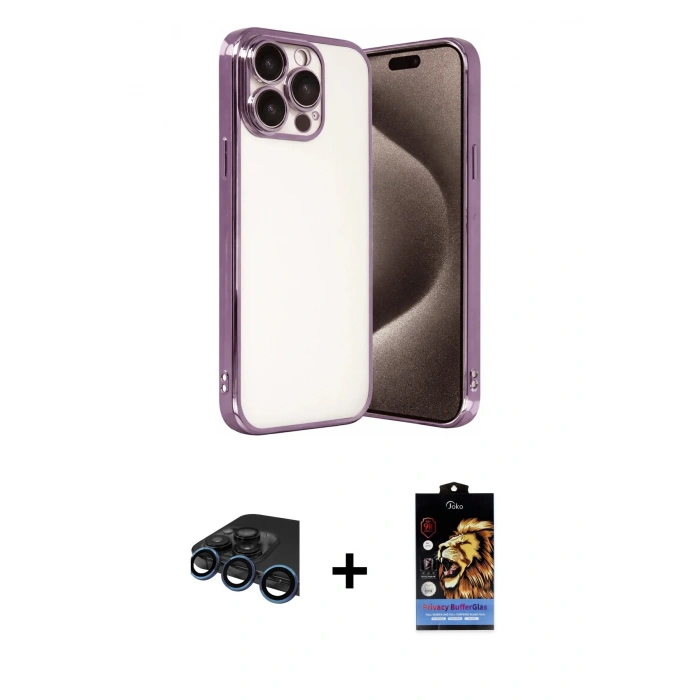 MARSİLYAN™- iPhone 15 Pro Max Kılıf Vadi Minimal - Siyah Buffer Hayalet Cam Ekran Koruyucu + Raze Metal Kamera Lens - LT