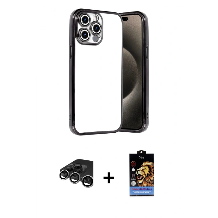 MARSİLYAN™- iPhone 15 Pro Max Kılıf Vadi Minimal - Siyah Buffer Hayalet Cam Ekran Koruyucu + Raze Metal Kamera Lens - GS