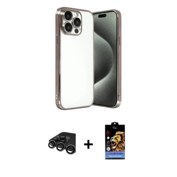 MARSİLYAN™- iPhone 15 Pro Max Kılıf Vadi Minimal - Siyah Buffer Hayalet Cam Ekran Koruyucu + Raze Metal Kamera Lens - TMGI