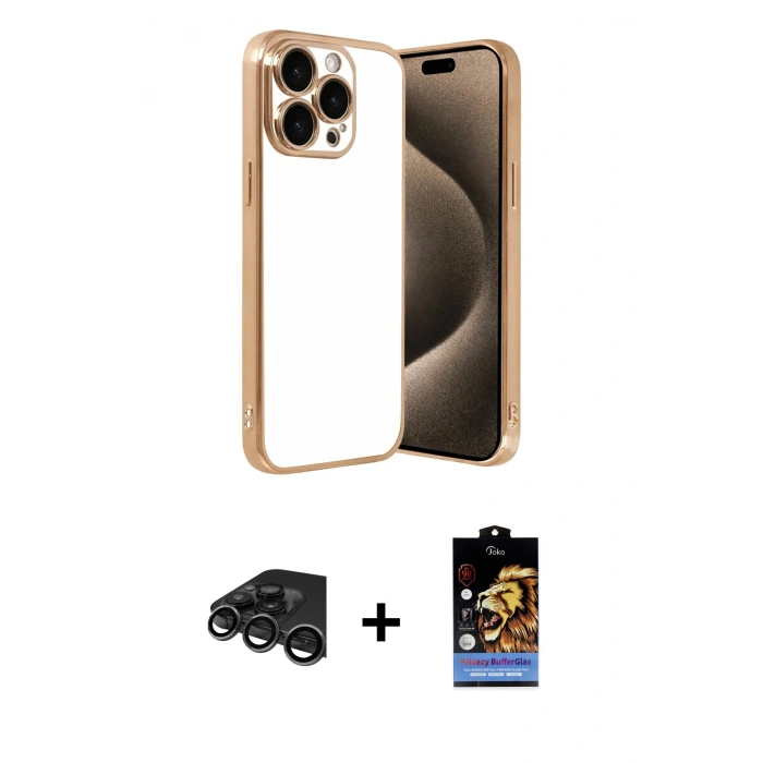 MARSİLYAN™- iPhone 15 Pro Max Kılıf Vadi Minimal - Siyah Buffer Hayalet Cam Ekran Koruyucu + Raze Metal Kamera Lens - TMGI