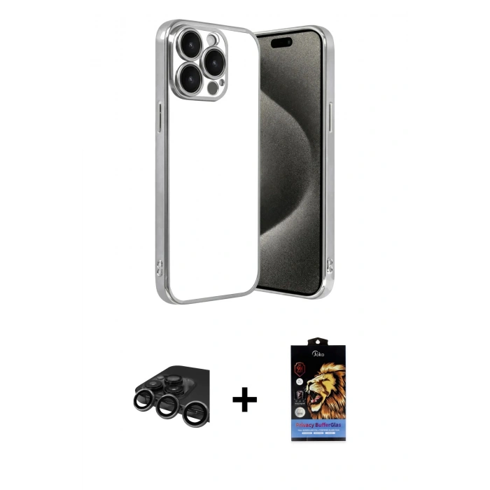 MARSİLYAN™- iPhone 15 Pro Max Kılıf Vadi Minimal - Siyah Buffer Hayalet Cam Ekran Koruyucu + Raze Metal Kamera Lens - TMGI