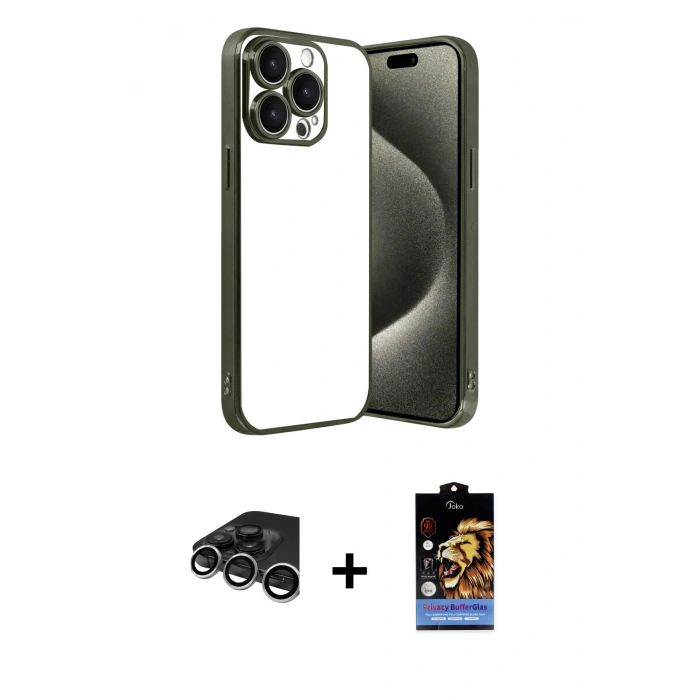 MARSİLYAN™- iPhone 15 Pro Max Kılıf Vadi Minimal - Siyah Buffer Hayalet Cam Ekran Koruyucu + Raze Metal Kamera Lens - GS
