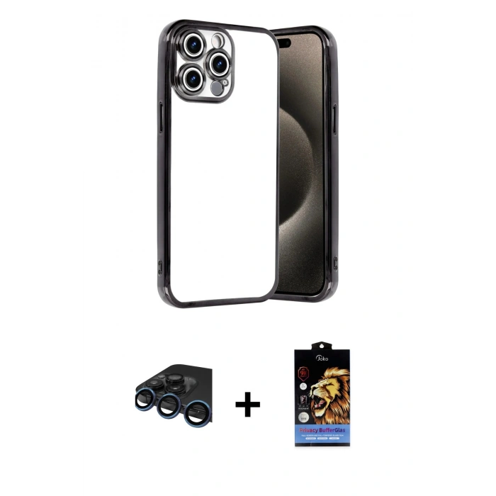 MARSİLYAN™- iPhone 15 Pro Max Kılıf Vadi Minimal - Siyah Buffer Hayalet Cam Ekran Koruyucu + Raze Metal Kamera Lens - LT