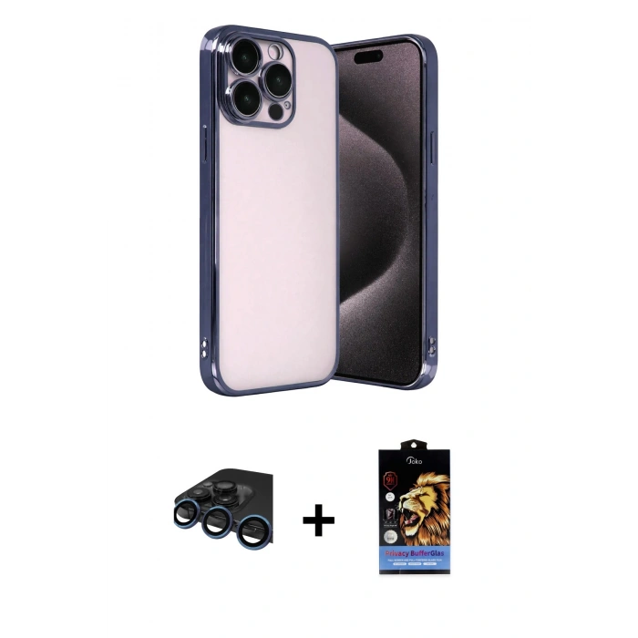 MARSİLYAN™- iPhone 15 Pro Max Kılıf Vadi Minimal - Siyah Buffer Hayalet Cam Ekran Koruyucu + Raze Metal Kamera Lens - LT