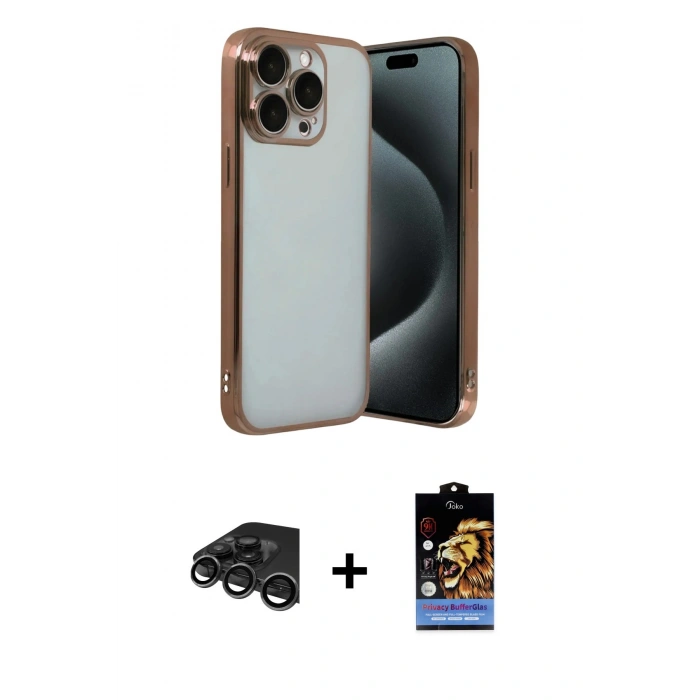 MARSİLYAN™- iPhone 15 Pro Max Kılıf Vadi Minimal - Siyah Buffer Hayalet Cam Ekran Koruyucu + Raze Metal Kamera Lens - TMGI