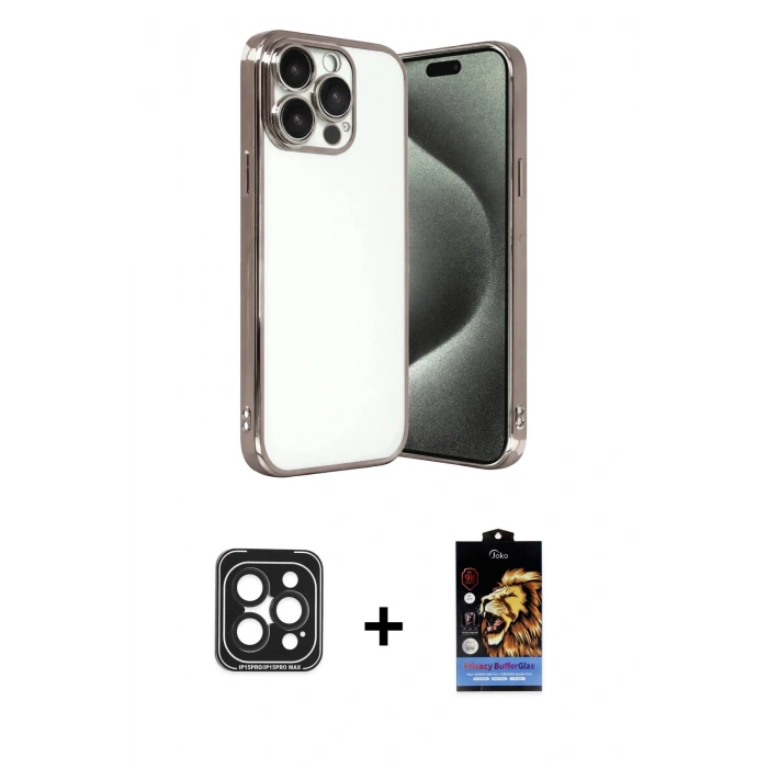 MARSİLYAN™- iPhone 15 Pro Max Kılıf Vadi Minimal - Siyah Buffer Hayalet Cam Ekran Koruyucu + Siyah PVD Metal Kamera Lens