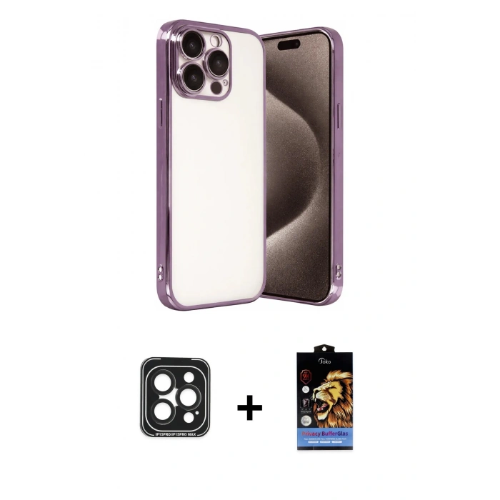 MARSİLYAN™- iPhone 15 Pro Max Kılıf Vadi Minimal - Siyah Buffer Hayalet Cam Ekran Koruyucu + Siyah PVD Metal Kamera Lens