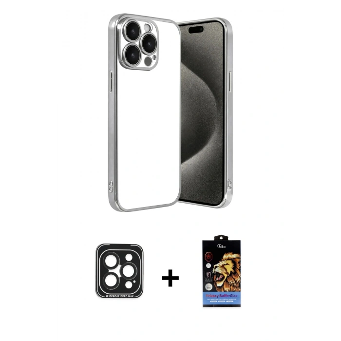 MARSİLYAN™- iPhone 15 Pro Max Kılıf Vadi Minimal - Siyah Buffer Hayalet Cam Ekran Koruyucu + Siyah PVD Metal Kamera Lens