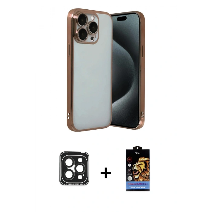 MARSİLYAN™- iPhone 15 Pro Max Kılıf Vadi Minimal - Siyah Buffer Hayalet Cam Ekran Koruyucu + Siyah PVD Metal Kamera Lens