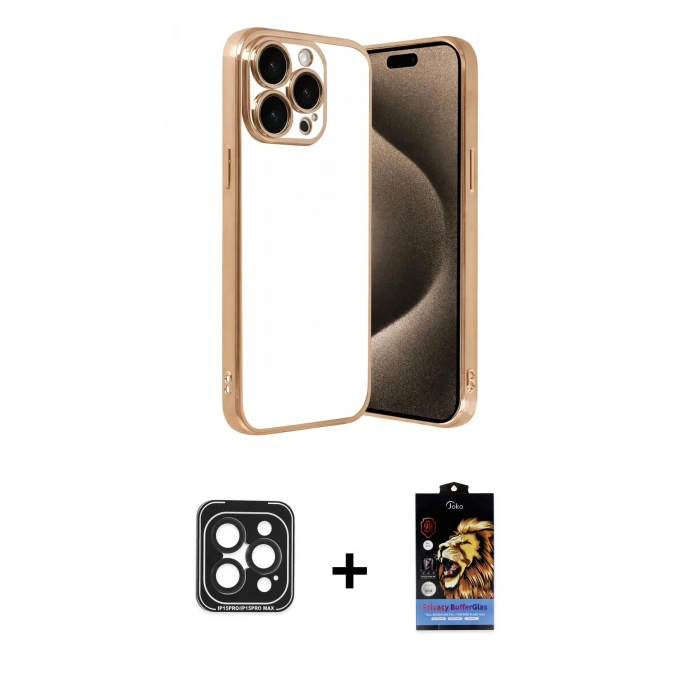 MARSİLYAN™- iPhone 15 Pro Max Kılıf Vadi Minimal - Siyah Buffer Hayalet Cam Ekran Koruyucu + Siyah PVD Metal Kamera Lens