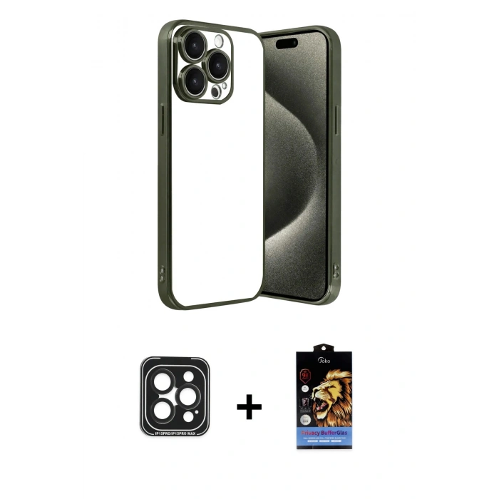 MARSİLYAN™- iPhone 15 Pro Max Kılıf Vadi Minimal - Siyah Buffer Hayalet Cam Ekran Koruyucu + Siyah PVD Metal Kamera Lens