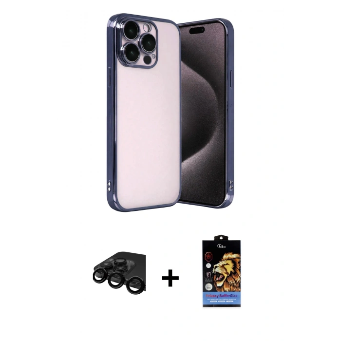 MARSİLYAN™- iPhone 15 Pro Max Kılıf Vadi Minimal - Siyah Buffer Hayalet Cam Ekran Koruyucu + Siyah Raze Metal Kamera Lens