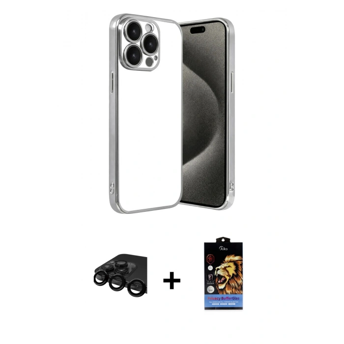 MARSİLYAN™- iPhone 15 Pro Max Kılıf Vadi Minimal - Siyah Buffer Hayalet Cam Ekran Koruyucu + Siyah Raze Metal Kamera Lens