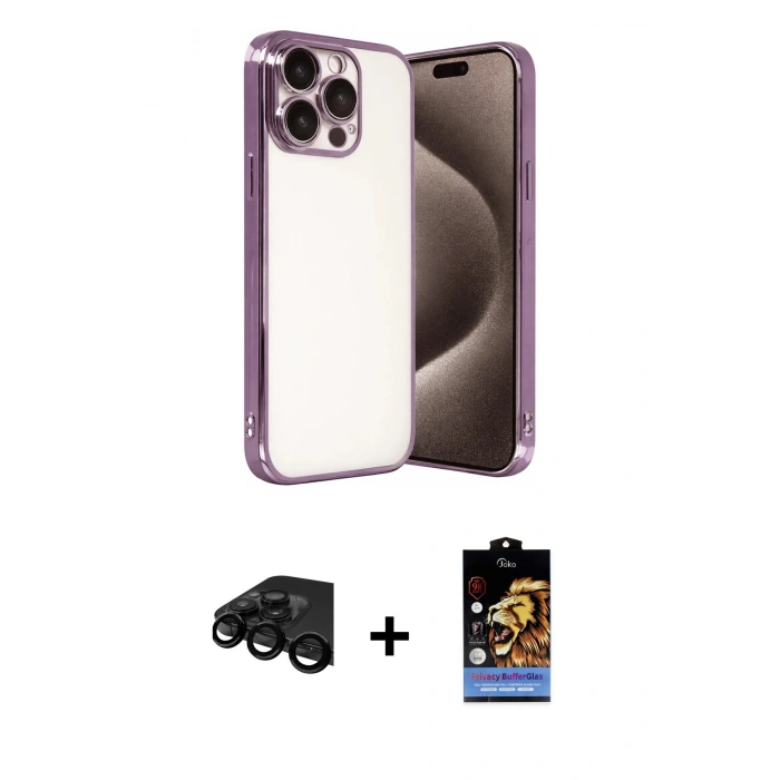 MARSİLYAN™- iPhone 15 Pro Max Kılıf Vadi Minimal - Siyah Buffer Hayalet Cam Ekran Koruyucu + Siyah Raze Metal Kamera Lens