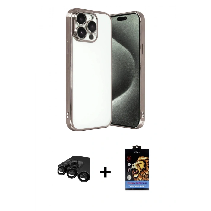 MARSİLYAN™- iPhone 15 Pro Max Kılıf Vadi Minimal - Siyah Buffer Hayalet Cam Ekran Koruyucu + Siyah Raze Metal Kamera Lens