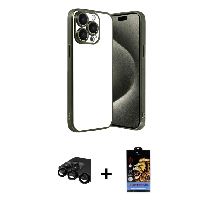 MARSİLYAN™- iPhone 15 Pro Max Kılıf Vadi Minimal - Siyah Buffer Hayalet Cam Ekran Koruyucu + Siyah Raze Metal Kamera Lens