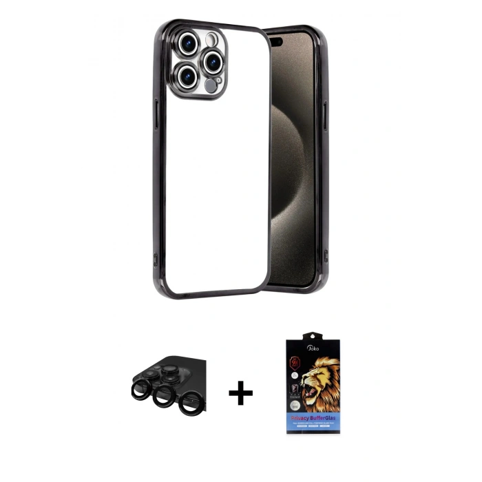 MARSİLYAN™- iPhone 15 Pro Max Kılıf Vadi Minimal - Siyah Buffer Hayalet Cam Ekran Koruyucu + Siyah Raze Metal Kamera Lens