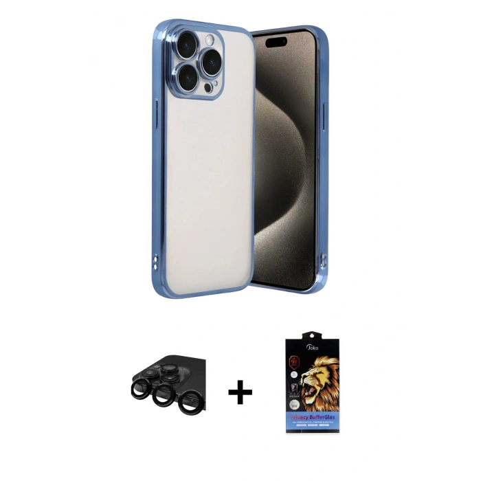 MARSİLYAN™- iPhone 15 Pro Max Kılıf Vadi Minimal - Siyah Buffer Hayalet Cam Ekran Koruyucu + Siyah Raze Metal Kamera Lens