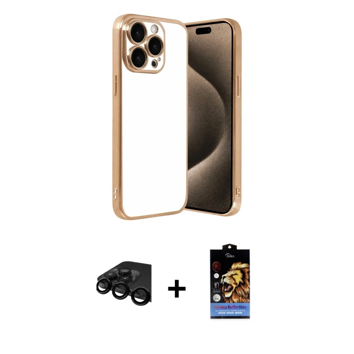 MARSİLYAN™- iPhone 15 Pro Max Kılıf Vadi Minimal - Siyah Buffer Hayalet Cam Ekran Koruyucu + Siyah Raze Metal Kamera Lens