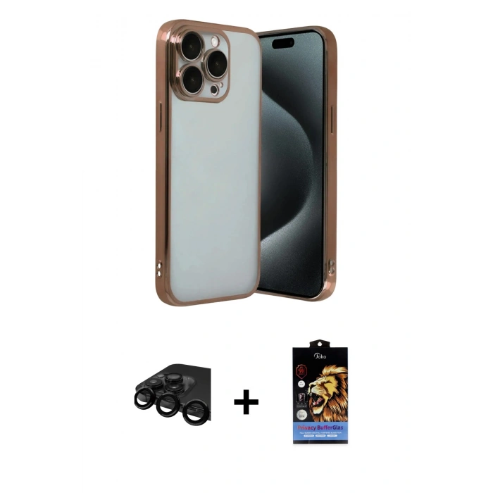 MARSİLYAN™- iPhone 15 Pro Max Kılıf Vadi Minimal - Siyah Buffer Hayalet Cam Ekran Koruyucu + Siyah Raze Metal Kamera Lens