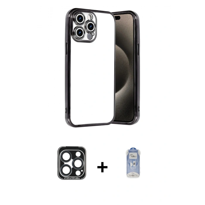 MARSİLYAN™- iPhone 15 Pro Max Kılıf Vadi Minimal - Siyah Joko Magic 5D Cam + Lacivert PVD Metal Kamera Lens