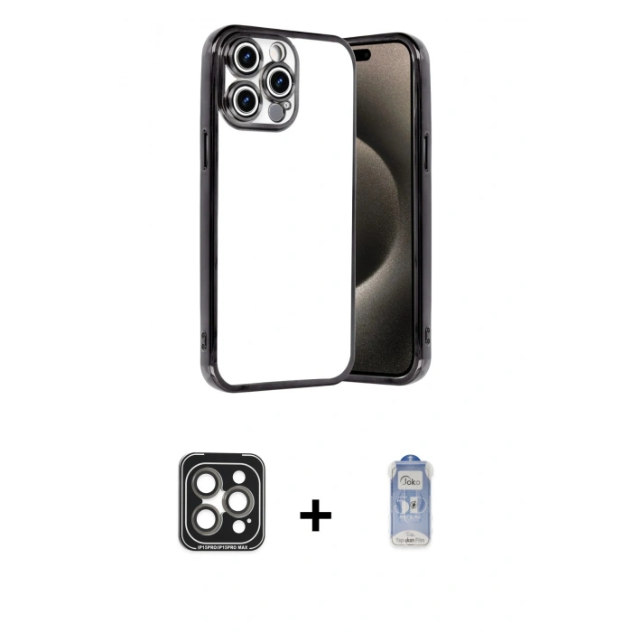 MARSİLYAN™- iPhone 15 Pro Max Kılıf Vadi Minimal - Siyah Joko Magic 5D Cam + PVD Metal Kamera Lens - GI