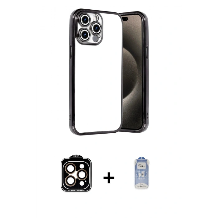 MARSİLYAN™- iPhone 15 Pro Max Kılıf Vadi Minimal - Siyah Joko Magic 5D Cam + PVD Metal Kamera Lens - TU