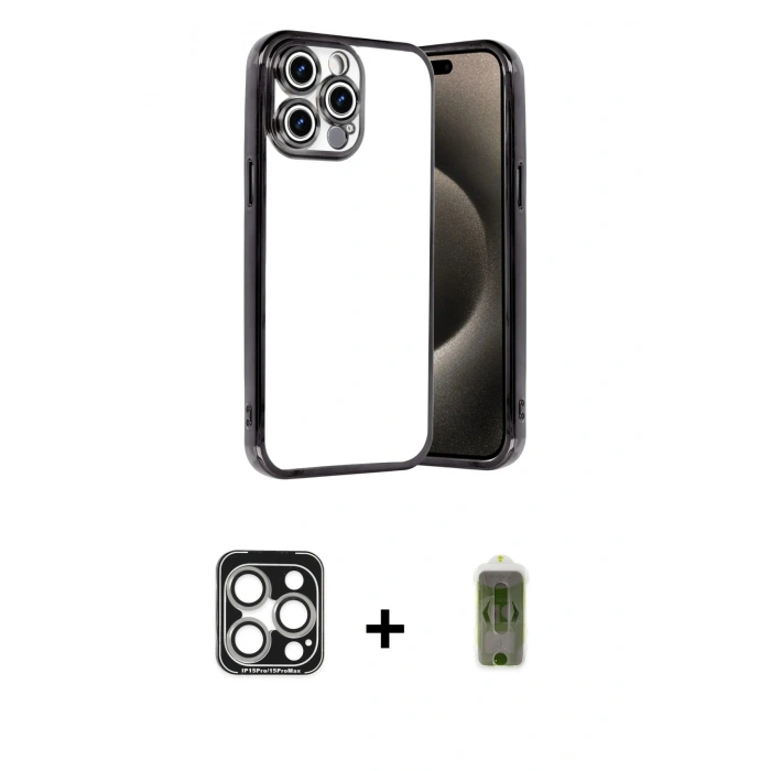 MARSİLYAN™- iPhone 15 Pro Max Kılıf Vadi Minimal - Siyah Joko Magic 5D Hayalet Cam + PVD Metal Kamera Lens - GS