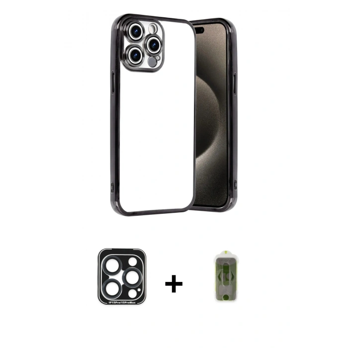 MARSİLYAN™- iPhone 15 Pro Max Kılıf Vadi Minimal - Siyah Joko Magic 5D Hayalet Cam + PVD Metal Kamera Lens - LT