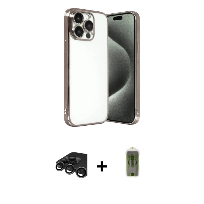 MARSİLYAN™- iPhone 15 Pro Max Kılıf Vadi Minimal - Siyah Joko Magic 5D Hayalet Cam + Titanyum Gri Raze Metal Kamera Lens
