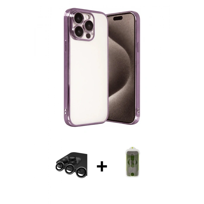 MARSİLYAN™- iPhone 15 Pro Max Kılıf Vadi Minimal - Siyah Joko Magic 5D Hayalet Cam + Titanyum Gri Raze Metal Kamera Lens
