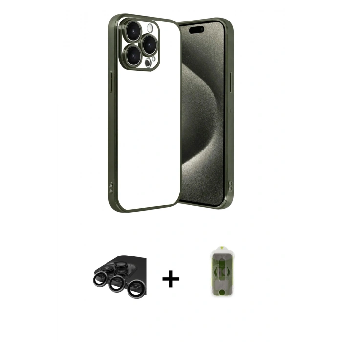 MARSİLYAN™- iPhone 15 Pro Max Kılıf Vadi Minimal - Siyah Joko Magic 5D Hayalet Cam + Titanyum Gri Raze Metal Kamera Lens