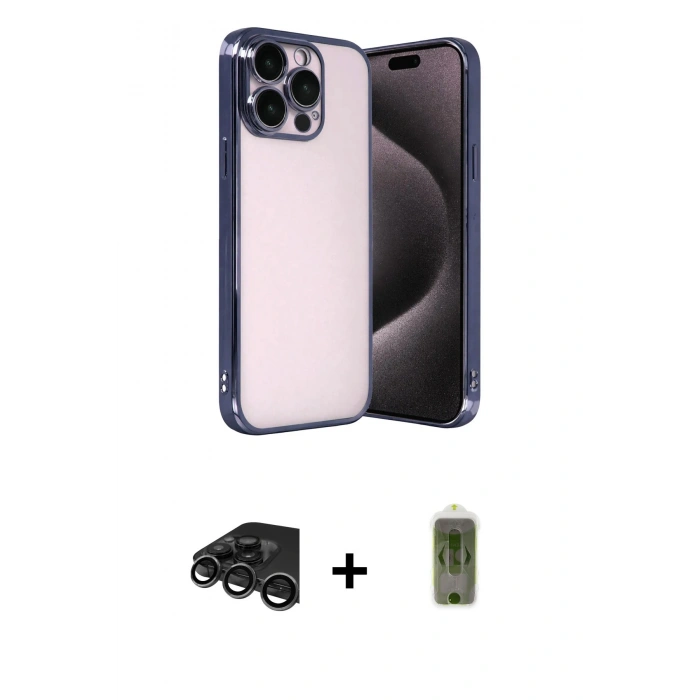 MARSİLYAN™- iPhone 15 Pro Max Kılıf Vadi Minimal - Siyah Joko Magic 5D Hayalet Cam + Titanyum Gri Raze Metal Kamera Lens
