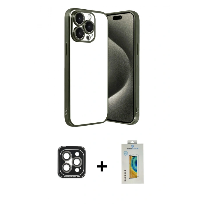 MARSİLYAN™- iPhone 15 Pro Max Kılıf Vadi Minimal - Siyah Polymer Nano Ekran Koruyucu + PVD Metal Kamera Lens - GI