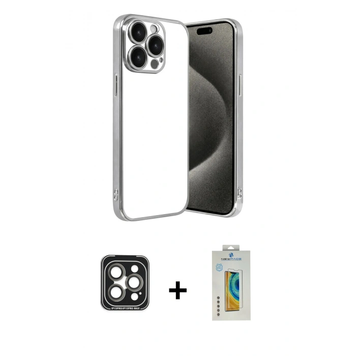 MARSİLYAN™- iPhone 15 Pro Max Kılıf Vadi Minimal - Siyah Polymer Nano Ekran Koruyucu + PVD Metal Kamera Lens - GI