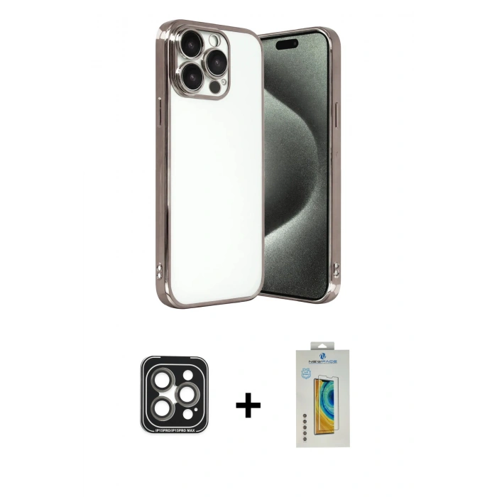 MARSİLYAN™- iPhone 15 Pro Max Kılıf Vadi Minimal - Siyah Polymer Nano Ekran Koruyucu + PVD Metal Kamera Lens - GI