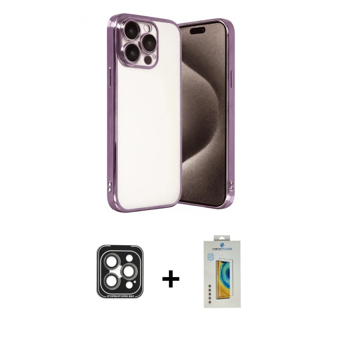 MARSİLYAN™- iPhone 15 Pro Max Kılıf Vadi Minimal - Siyah Polymer Nano Ekran Koruyucu + PVD Metal Kamera Lens - GI